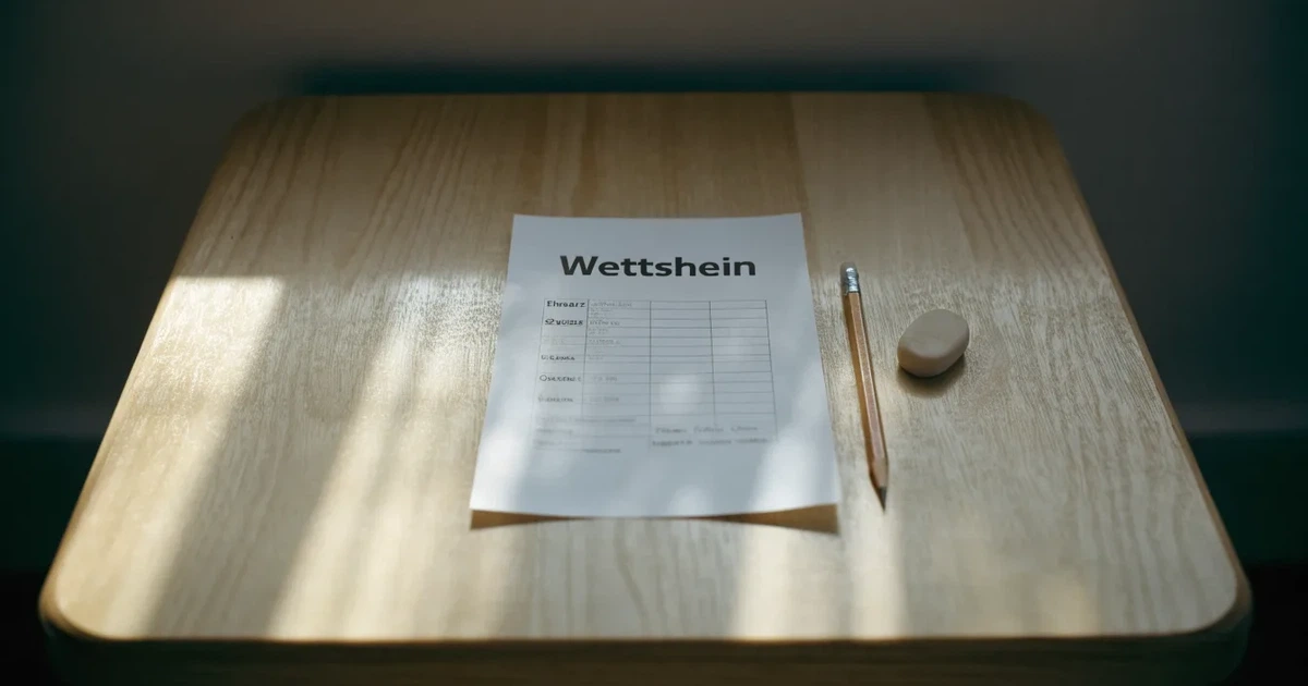 Ein leerer Wettschein aus Papier liegt neben einem Bleistift und einem Radiergummi auf einem hellen Holztisch im Tageslicht.