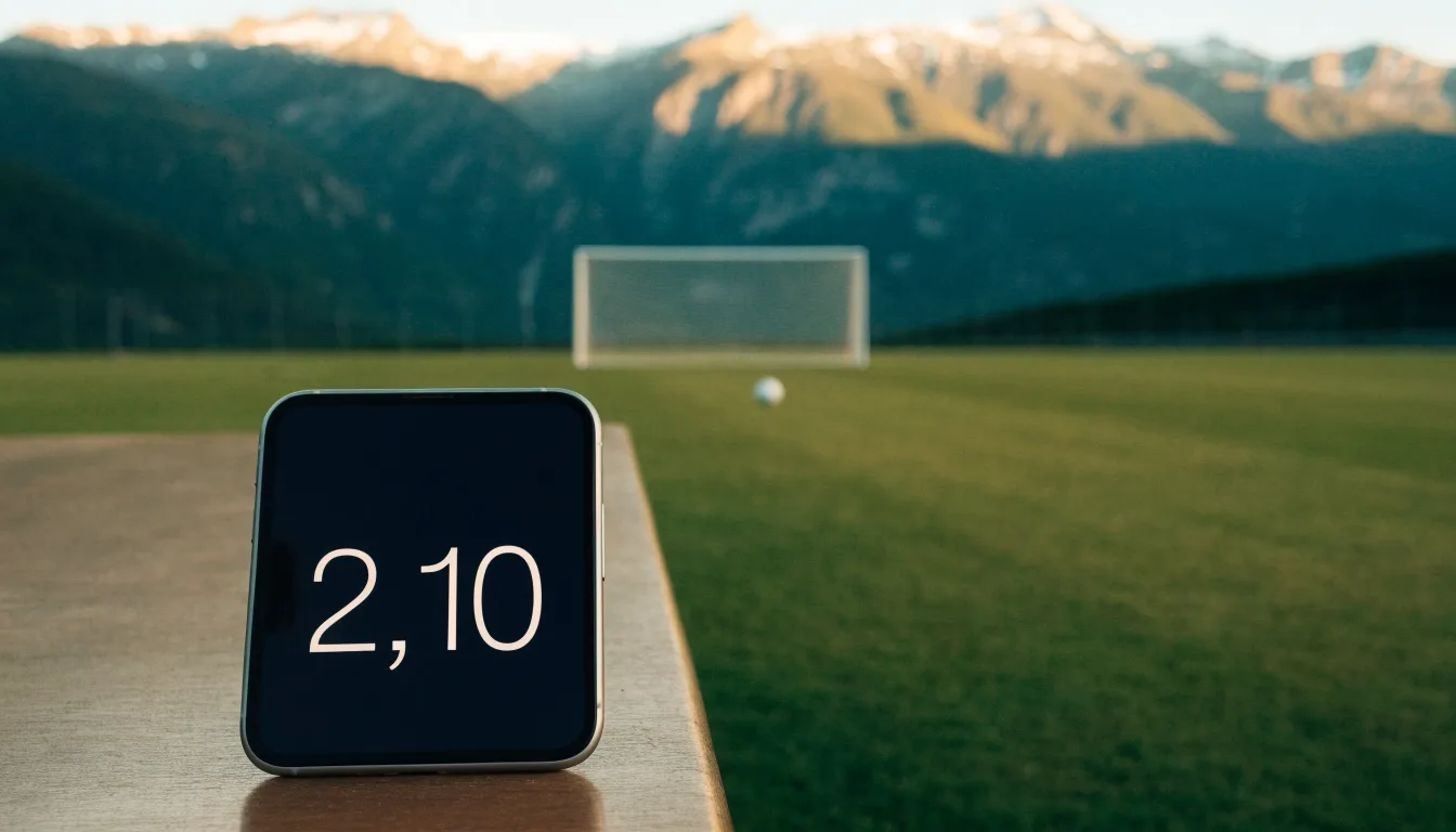 Ein Fussball liegt auf dem Rasen eines leeren Stadions am frühen Abend, dahinter erheben sich schneebedeckte Berge unter klarem Himmel.