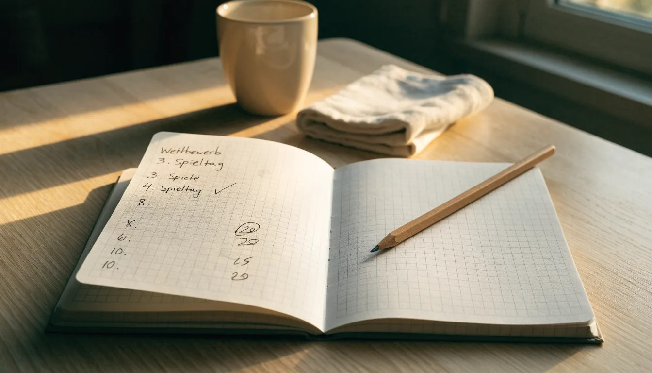 Ein leeres kariertes Heft und ein Bleistift liegen auf einem Küchentisch im warmen Licht des späten Nachmittags.