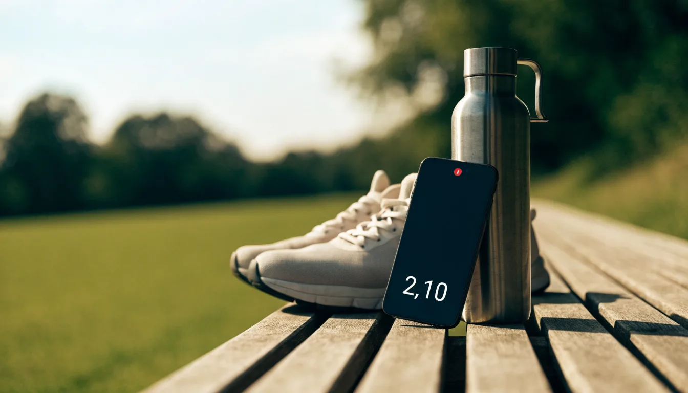 Ein Smartphone mit dunklem Bildschirm lehnt an einer Wasserflasche, daneben stehen Laufschuhe auf einer Bank am Sportplatz.