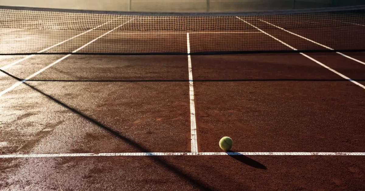 Ein Tennisplatz im ersten Morgenlicht, das Netz hängt leicht durch und auf der Grundlinie liegt ein einzelner Ball.