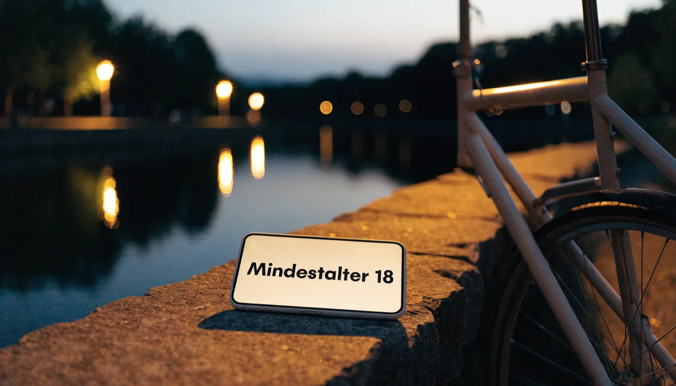 Ein Velo lehnt an einer Steinmauer am Ufer eines Flusses, die Strassenlaternen leuchten in der Dämmerung.
