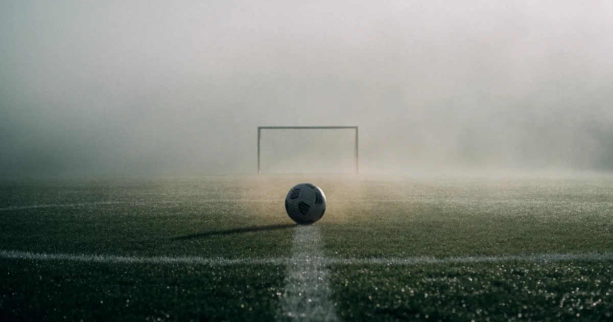 Ein Fussballplatz im Morgennebel, im Mittelkreis liegt ein einzelner Ball und der Rasen glänzt vom Tau.