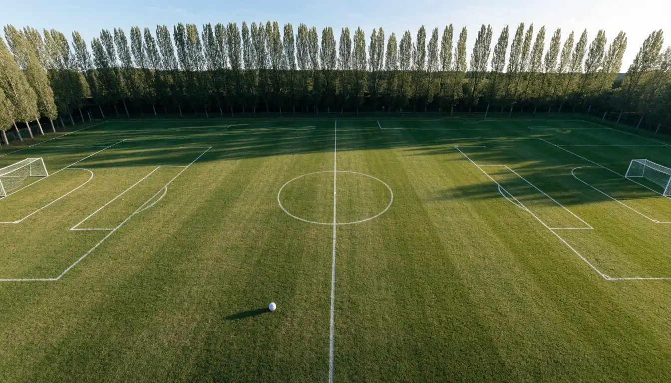 Ein leerer Fussballplatz mit weissen Linien von oben gesehen im Morgenlicht, am Rand stehen zwei Tore und eine Reihe Pappeln.