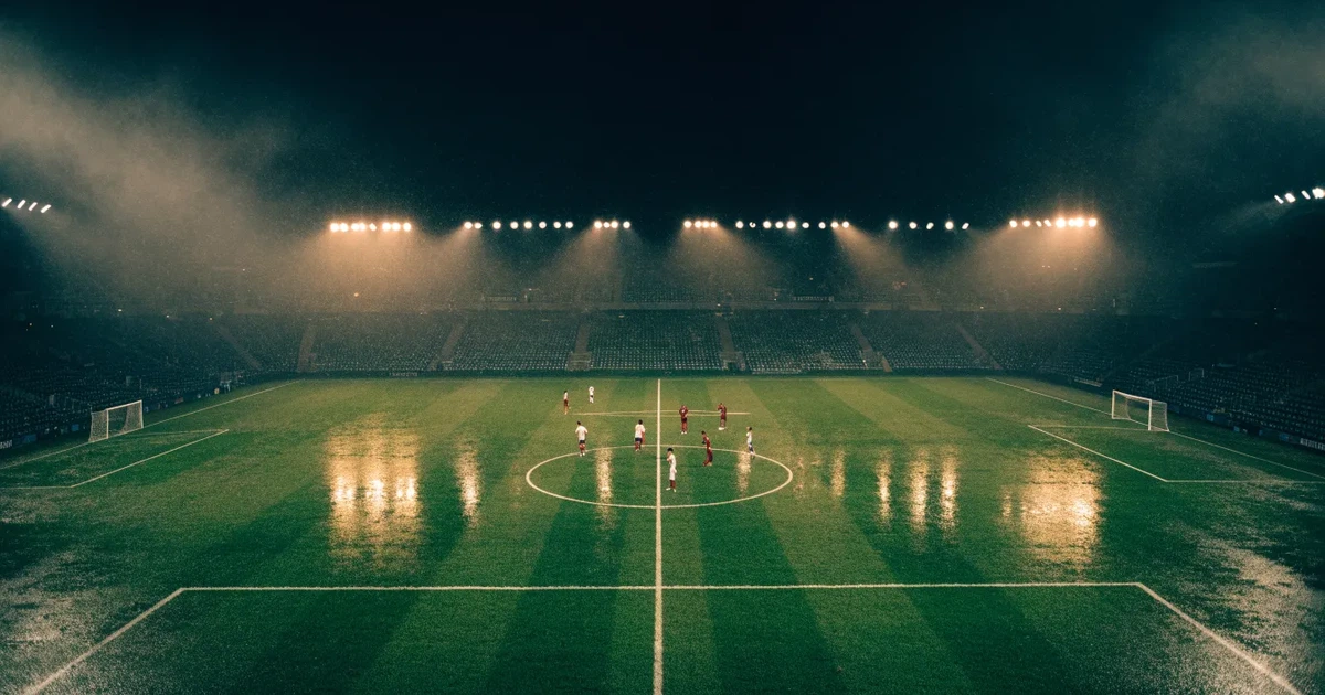 Ein Fussballspiel am Abend aus der Tribünenperspektive, die Spieler sind nur als kleine Figuren zu erkennen und das Flutlicht beleuchtet den nassen Rasen.