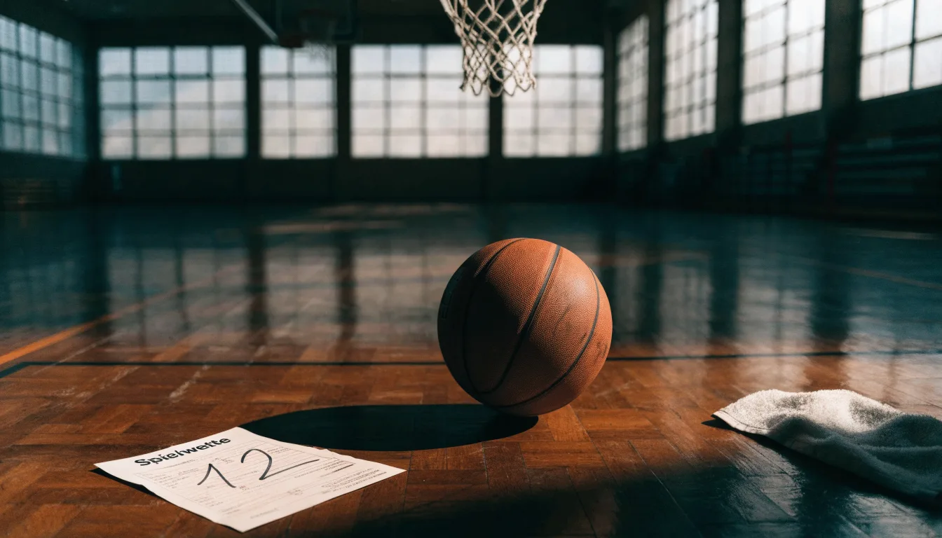 Ein Basketball liegt unter dem Korb in einer leeren Sporthalle, durch hohe Fenster fällt Tageslicht auf das Parkett.