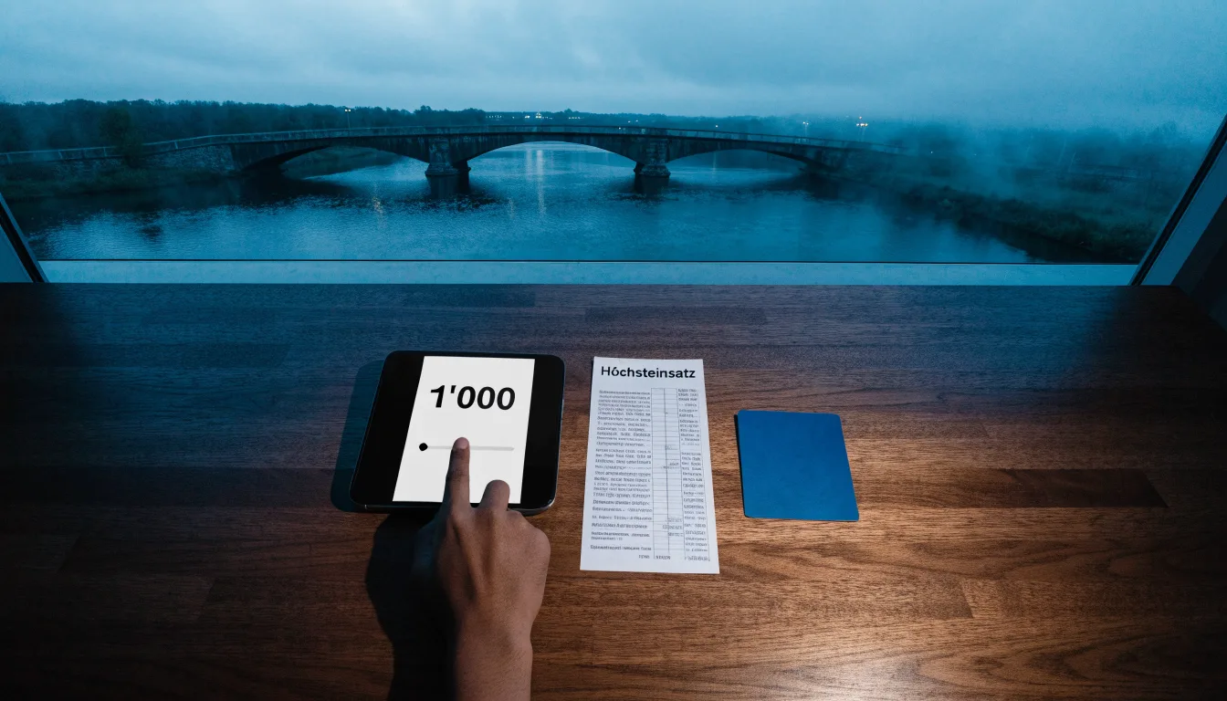 Eine Steinbrücke spannt sich in der Dämmerung über einen Fluss, auf dem Wasser liegt leichter Nebel.