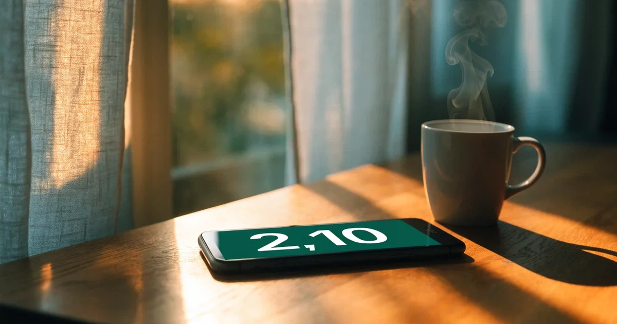 Ein Smartphone mit dunklem Display liegt auf einem Holztisch neben einer Kaffeetasse, durch das Fenster fällt warmes Abendlicht.