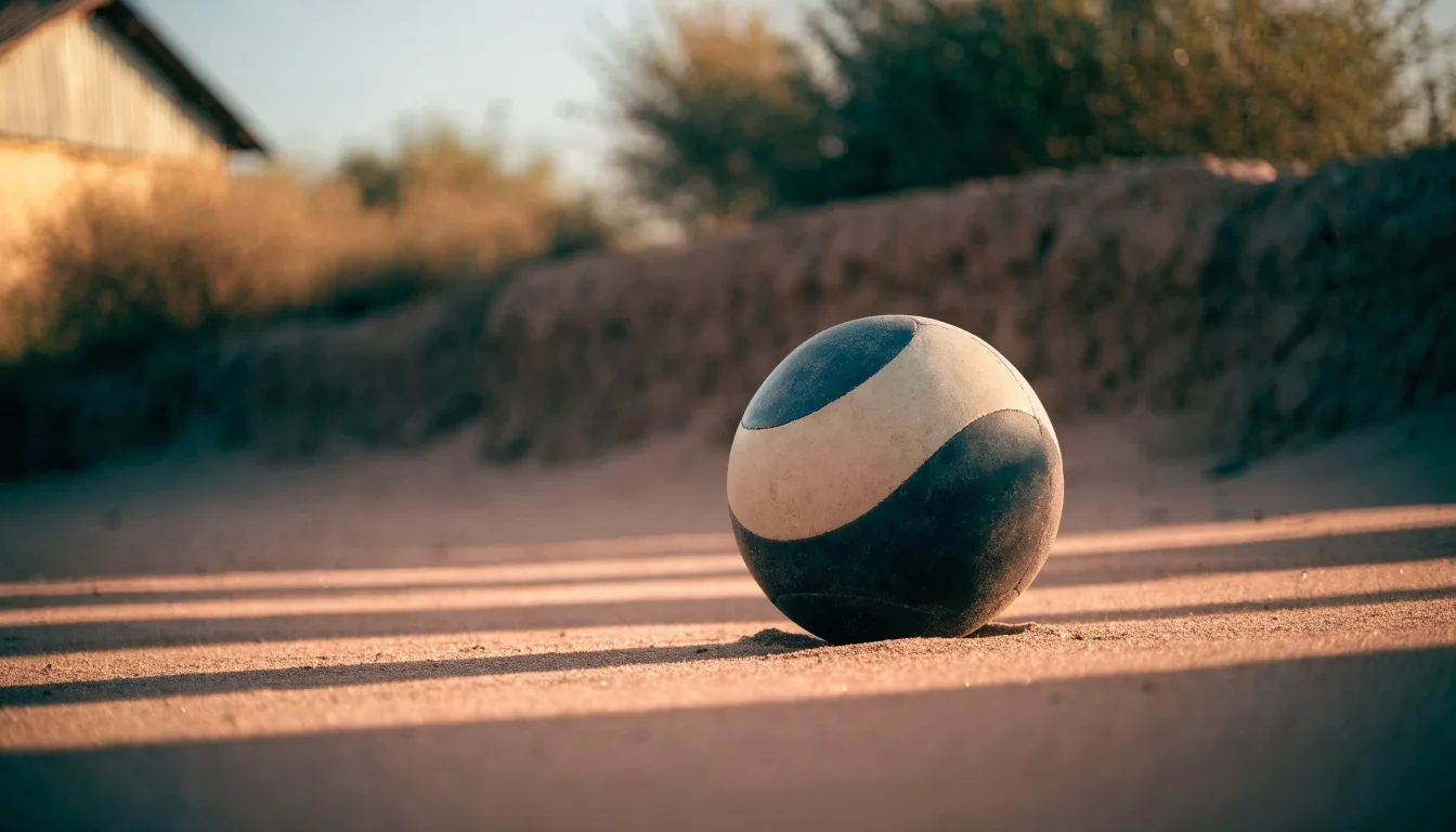 Ein Fussball liegt auf rotbraunem Sand am Rand eines Dorfes, die Abendsonne wirft lange Schatten.