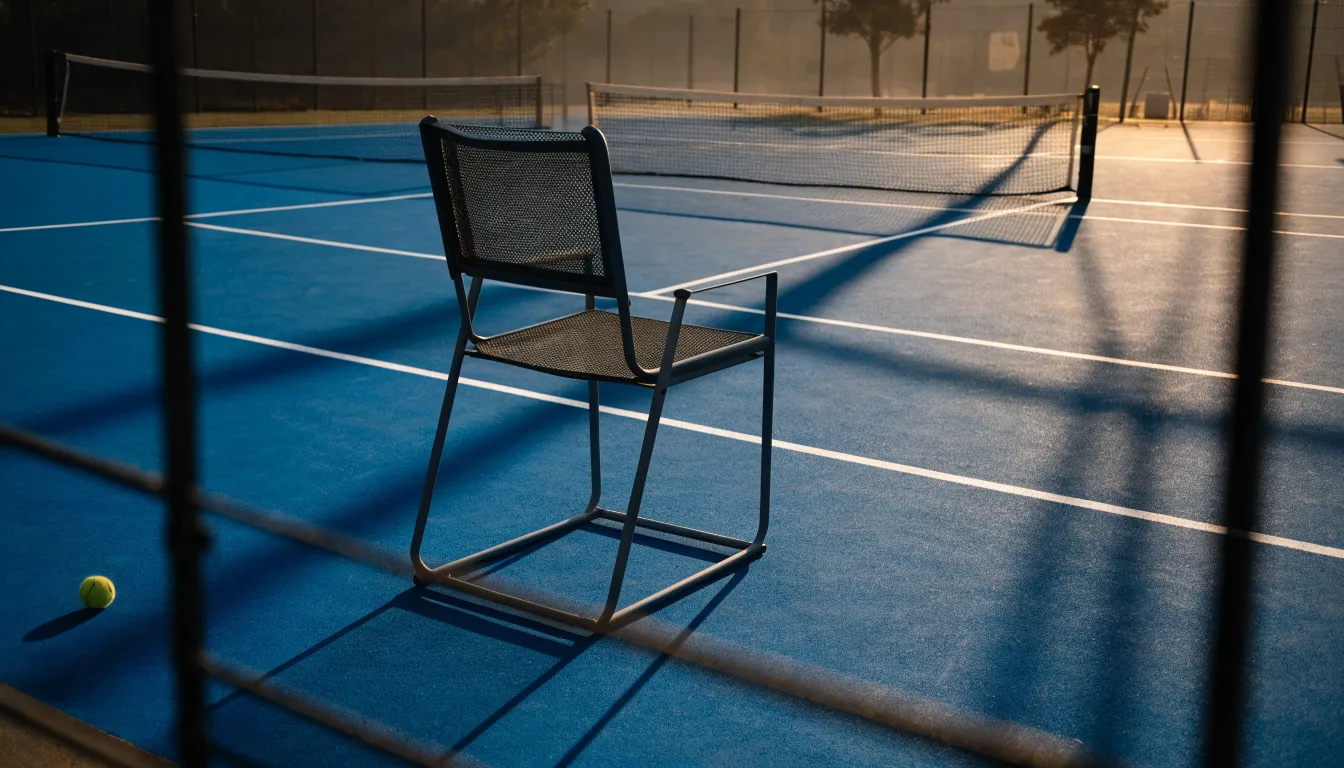 Eine hohe Schiedsrichterleiter aus Metall steht unbesetzt neben einem Hartplatz, die Abendsonne wirft lange Schatten.