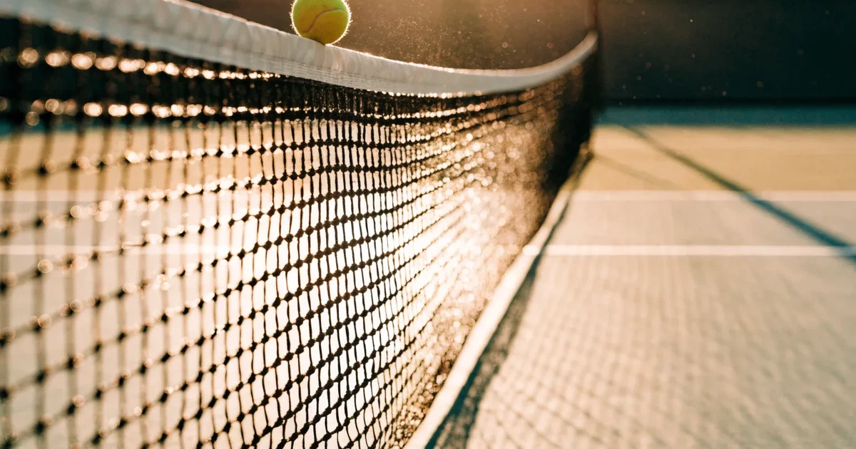 Ein Tennisnetz in Nahaufnahme im Gegenlicht der tiefstehenden Sonne, feine Staubkörner schweben über dem Platz.