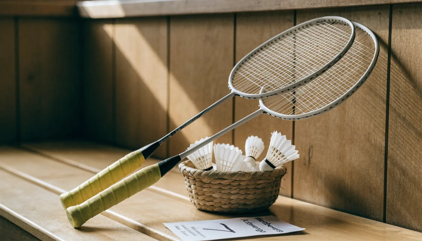Zwei Badmintonschläger lehnen gekreuzt an einer Hallenwand aus Holz, daneben steht ein Korb mit Federbällen.