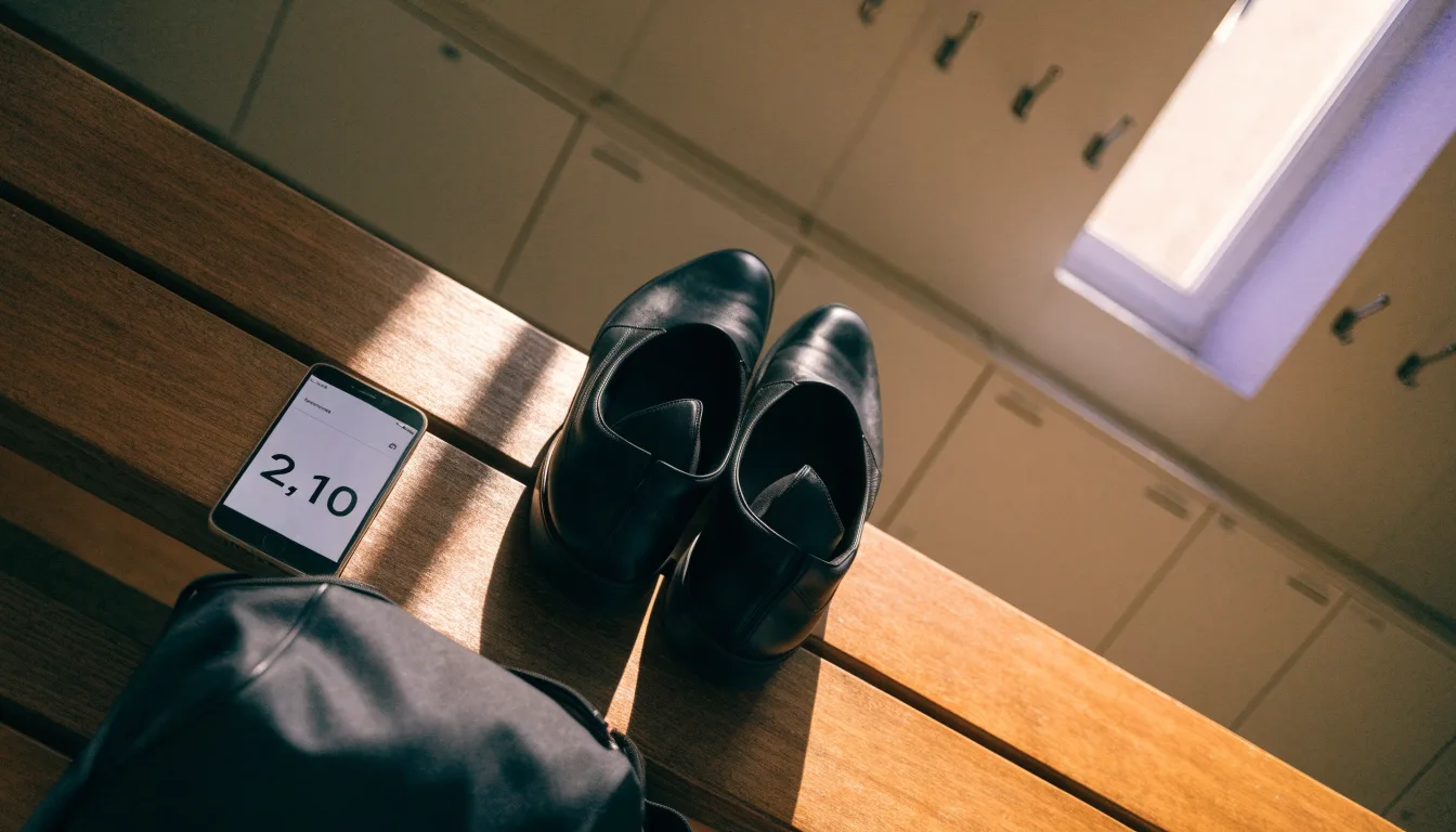 Ein Paar Hallenschuhe steht ordentlich neben einer Sporttasche auf einer Bank in einer leeren Garderobe, ein Fenster lässt Morgenlicht herein.