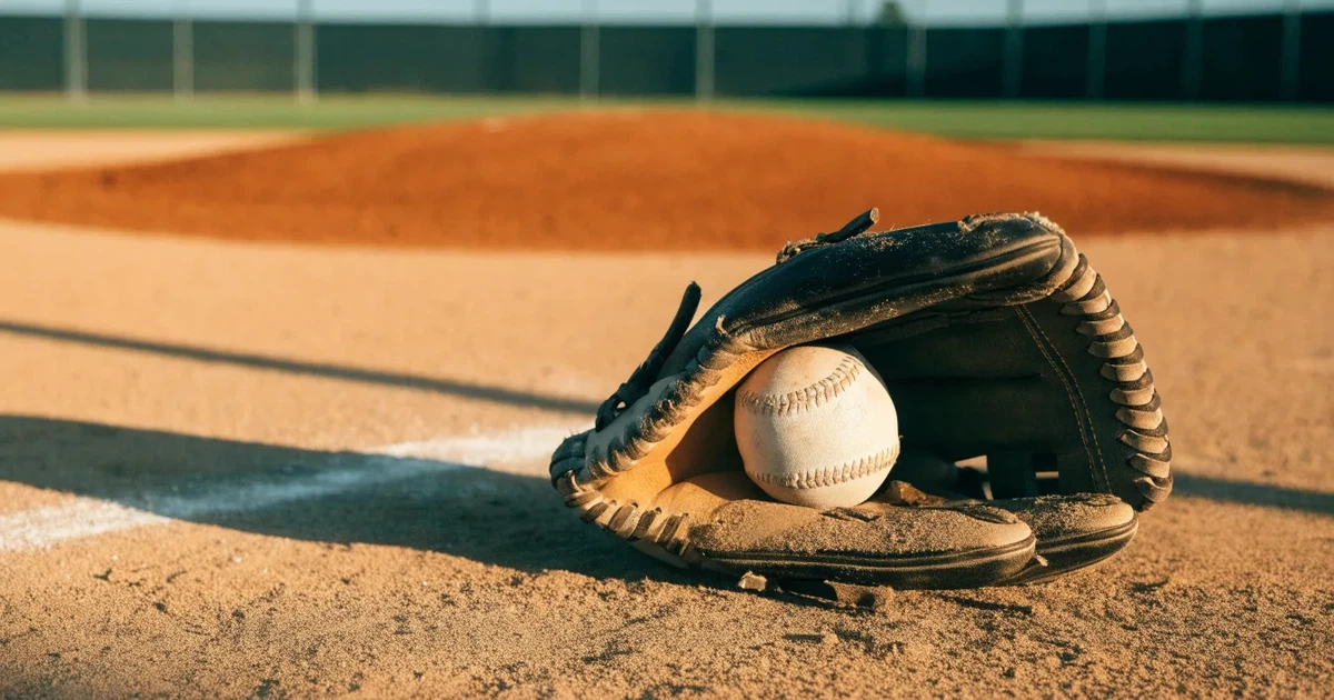 Ein Lederhandschuh und ein Ball liegen auf dem Sandboden eines leeren Spielfelds, die tiefstehende Sonne wirft lange Schatten.