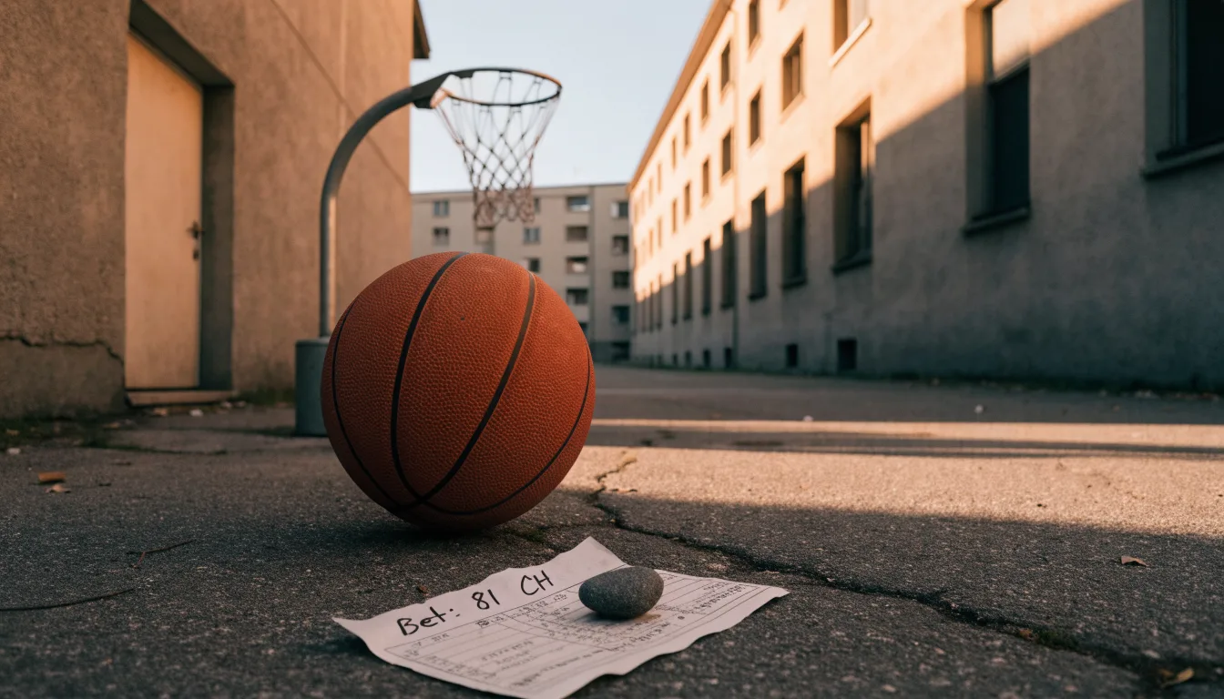 Ein Basketball liegt auf einem Asphaltplatz in einem Hinterhof zwischen Wohnblöcken, das Abendlicht färbt die Wände warm.