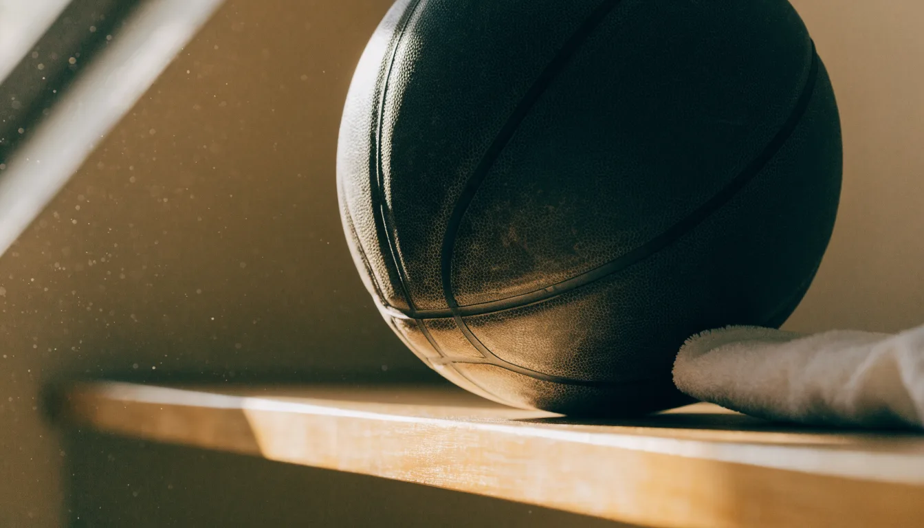 Ein abgenutzter Lederball liegt auf einem Holzregal in einem Vereinsraum, ein Sonnenstrahl macht den Staub sichtbar.