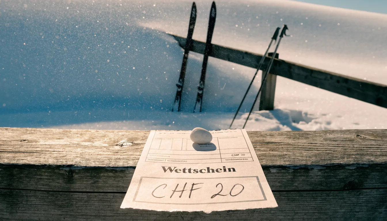 Ein Paar Langlaufskier steckt aufrecht im Schnee neben einem Holzzaun, die Sonne glitzert auf Eiskristallen.