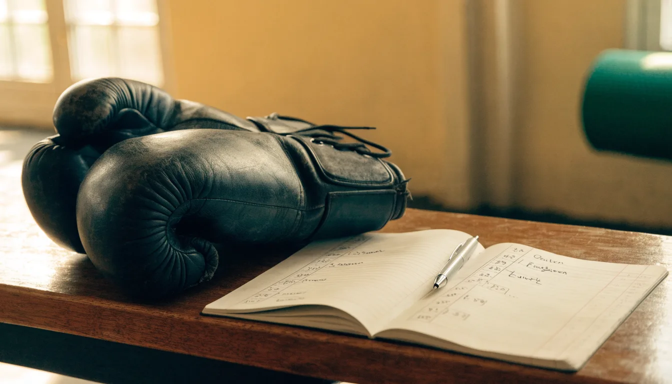 Ein Paar Boxhandschuhe aus Leder liegt auf einer Holzbank neben einem Notizbuch mit handgeschriebenen Zeilen, warmes Fensterlicht