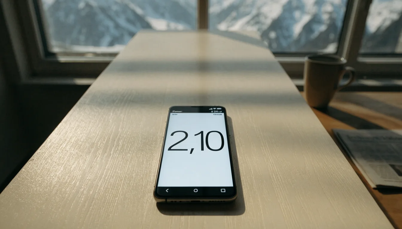 Ein Smartphone mit dunklem Bildschirm liegt auf einem Holztisch vor einem Fenster mit Blick auf schneebedeckte Gipfel