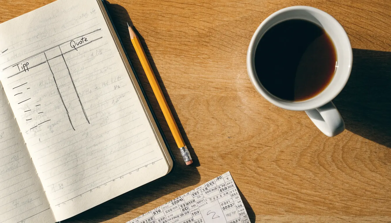 Ein aufgeschlagenes Notizbuch mit handgeschriebenen Spalten und ein Bleistift neben einer Tasse Kaffee auf einem Holztisch am Morgen