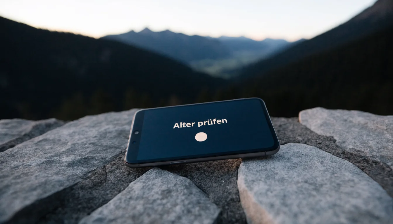 Ein Smartphone mit dunklem Display liegt auf einer Steinmauer, dahinter ein Alpental im Abendlicht