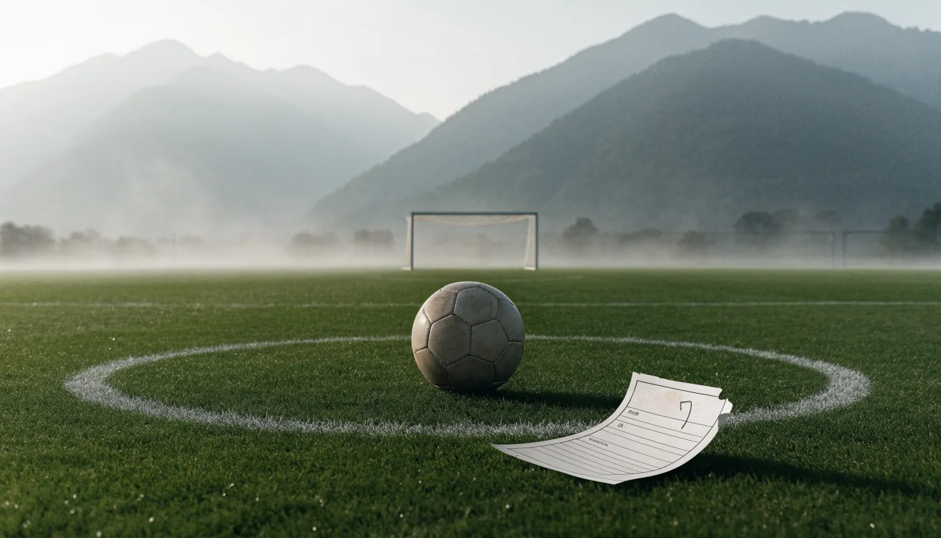 Ein einzelner Fussball auf dem Mittelpunkt eines leeren Rasens im Morgennebel, hinter dem Tor ragen Berge auf