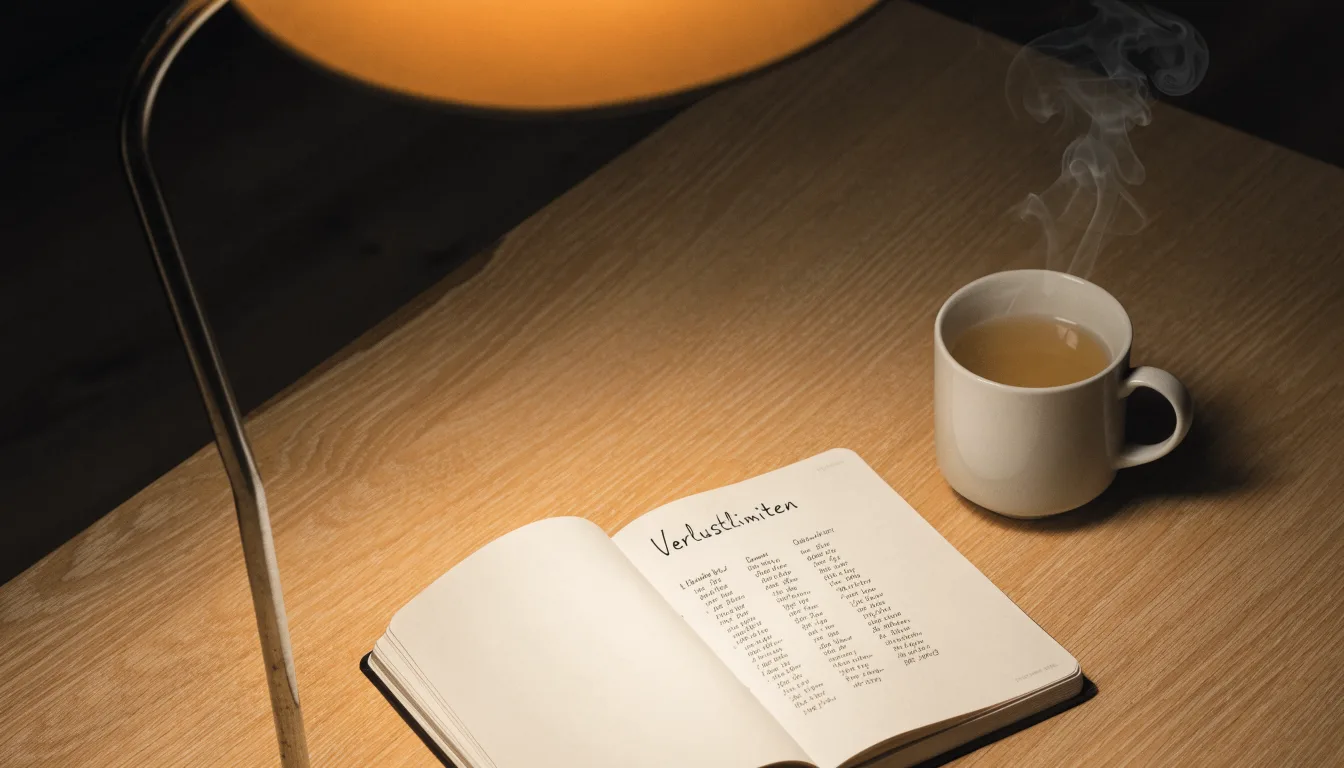 Ein Notizbuch mit handschriftlichen Einträgen und eine Tasse Tee stehen auf einem Tisch neben einer Stehlampe