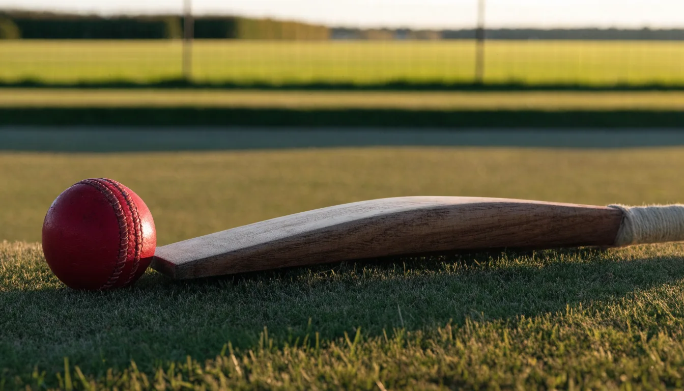 Ein roter Lederball und ein Holzschläger liegen auf einer Rasenkante, dahinter ein unscharfer Zaun