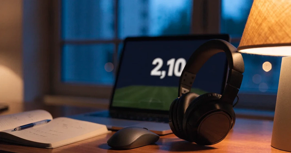 Ein Headset und eine Computermaus liegen auf einem Holzschreibtisch neben einer Tischlampe, draussen ist es Abend