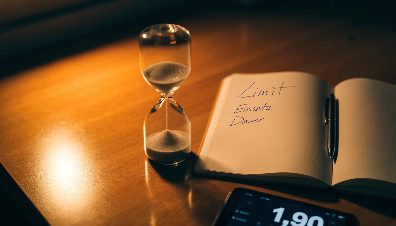 Eine Sanduhr steht auf einem Schreibtisch neben einem Notizbuch mit handschriftlichen Einträgen im Licht einer Lampe