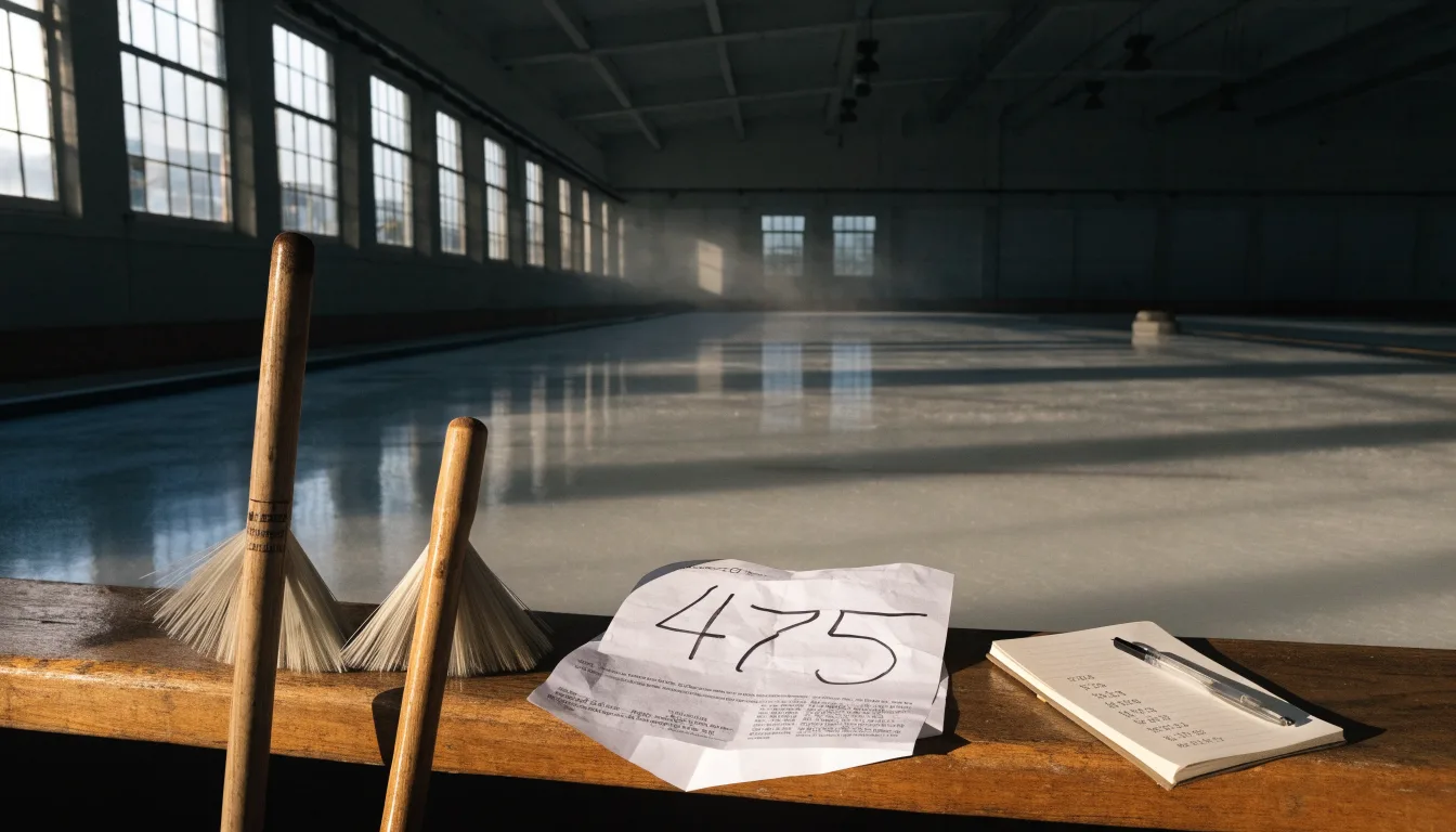 Zwei Curlingbesen lehnen an einer Bande am Rand einer leeren Eisfläche, kaltes Licht fällt durch hohe Fenster