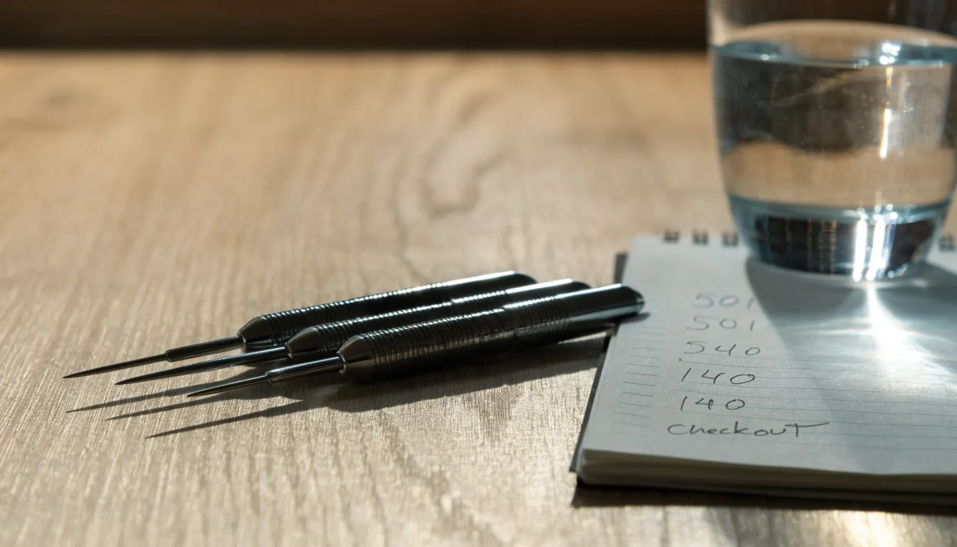 Drei Dartpfeile liegen auf einer Holzfläche neben einem Notizblock mit handschriftlichen Zahlen und einem Glas Wasser