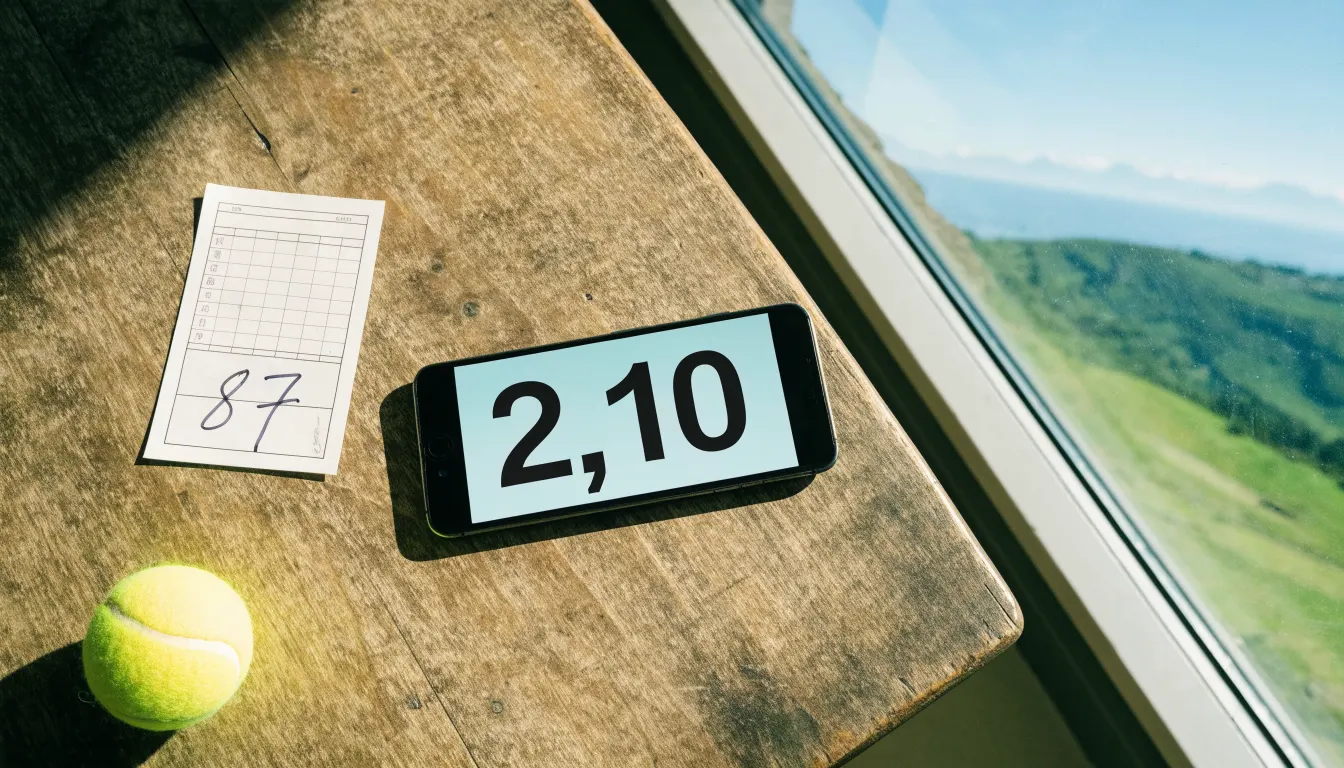 Ein einzelner gelber Tennisball liegt auf einem Holztisch vor einem Fenster mit Alpenblick