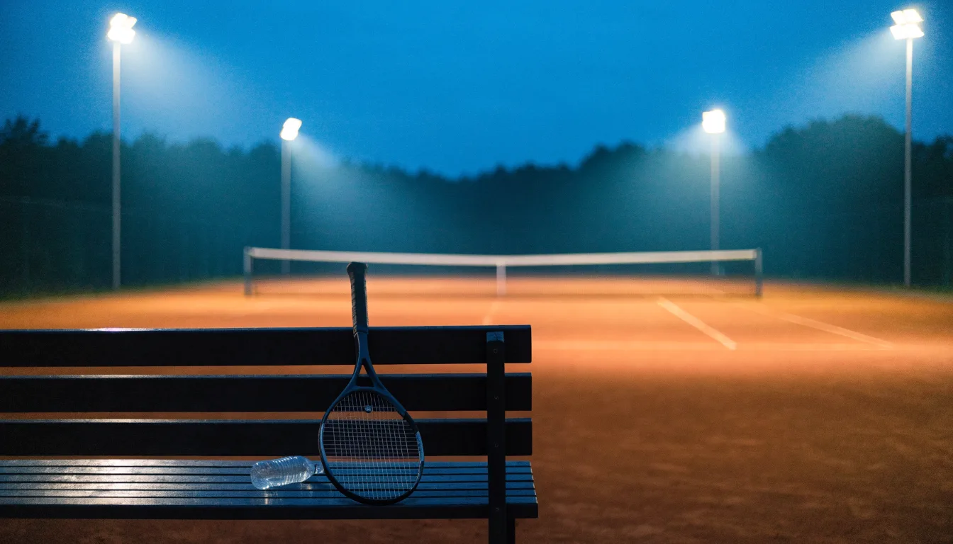 Ein Tennisschläger lehnt an einer Bank neben einer Wasserflasche, am Abend ruht der Platz im Flutlicht, aus der Ferne gesehen
