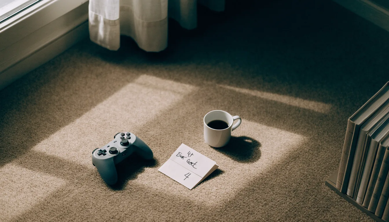 Ein Spielcontroller liegt auf einem Teppich neben einer Tasse, im Hintergrund ein Regal mit Büchern