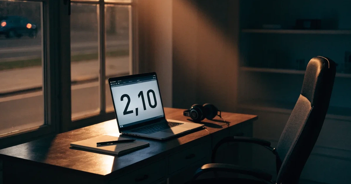 Ein leerer Bürostuhl steht vor einem Schreibtisch im Halbdunkel, durch das Fenster fällt Licht einer Strassenlaterne