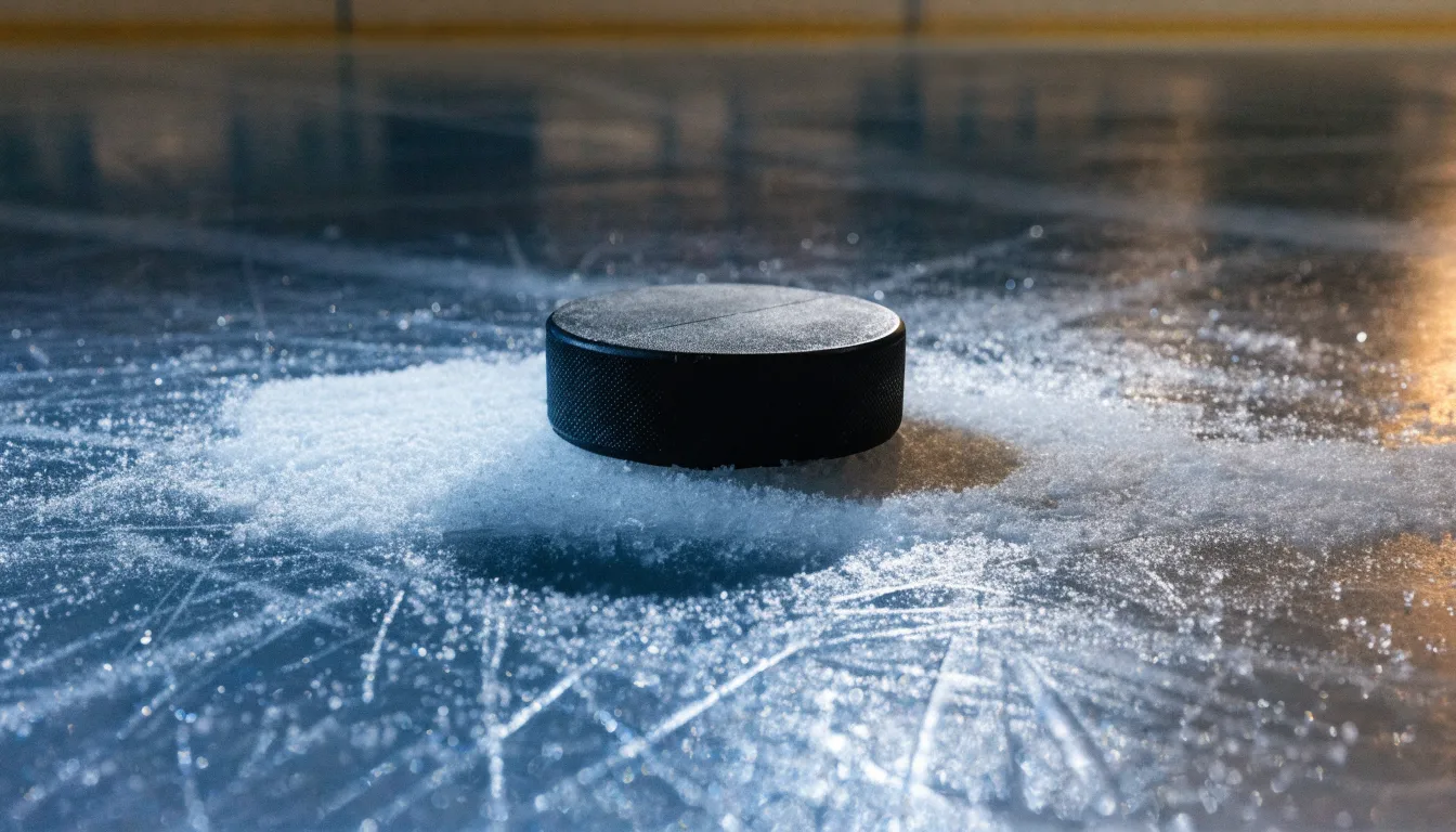 Ein Eishockeypuck liegt auf einer Eisfläche mit Kratzspuren, Nahaufnahme mit kühlen Reflexen