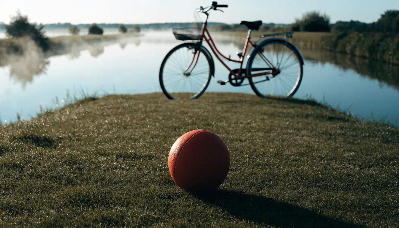 Ein Fussball liegt auf einer Wiese neben einem Fahrrad, im Hintergrund ein Kanal im Morgenlicht