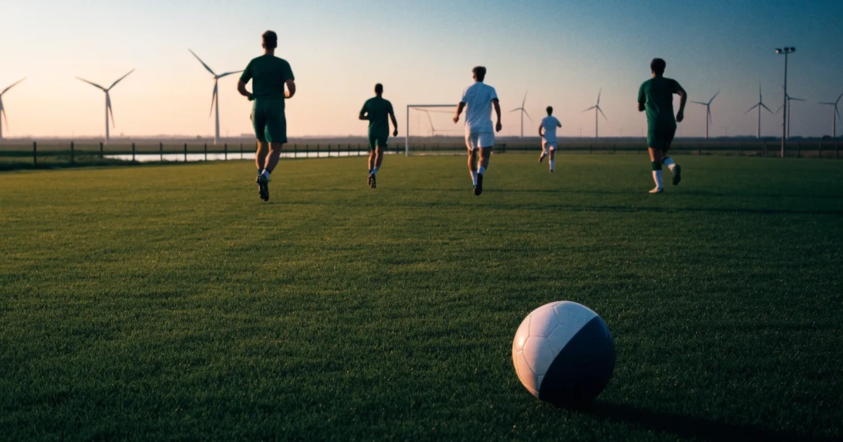 Ein Fussballplatz neben einem Kanal in flachem Land mit Windrädern am Horizont, Abendlicht liegt über dem Rasen