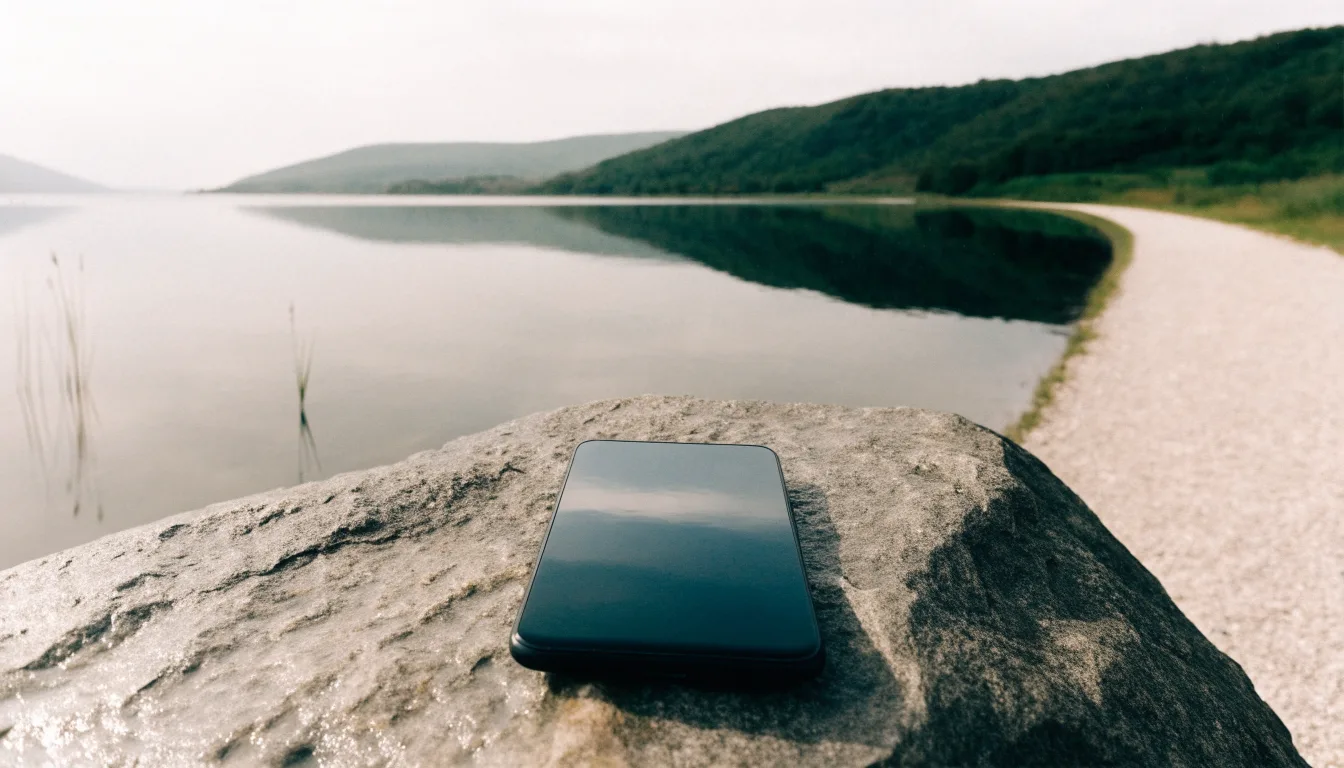 Ein schmaler Wanderweg führt am Seeufer entlang, auf einem Stein liegt ein Smartphone mit dunklem Display