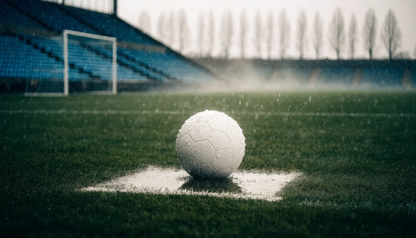 Ein Fussball liegt auf dem Anstosspunkt eines nassen Rasens, dahinter eine leere Tribüne unter grauem Himmel.