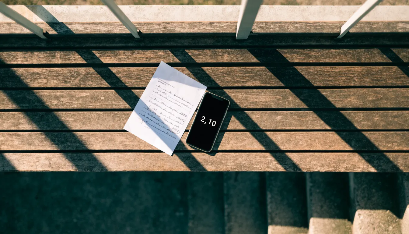 Ein alter Holzsitz auf einer leeren Stehplatztribüne, darunter verwitterte Betonstufen in der Nachmittagssonne.