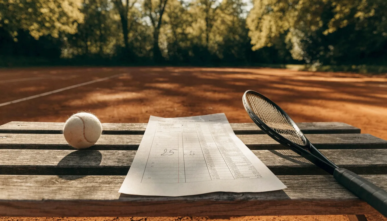 Ein Tennisball und ein Schläger ruhen auf einer Holzbank am Spielfeldrand, im Hintergrund hohe Bäume im Sommerlicht.