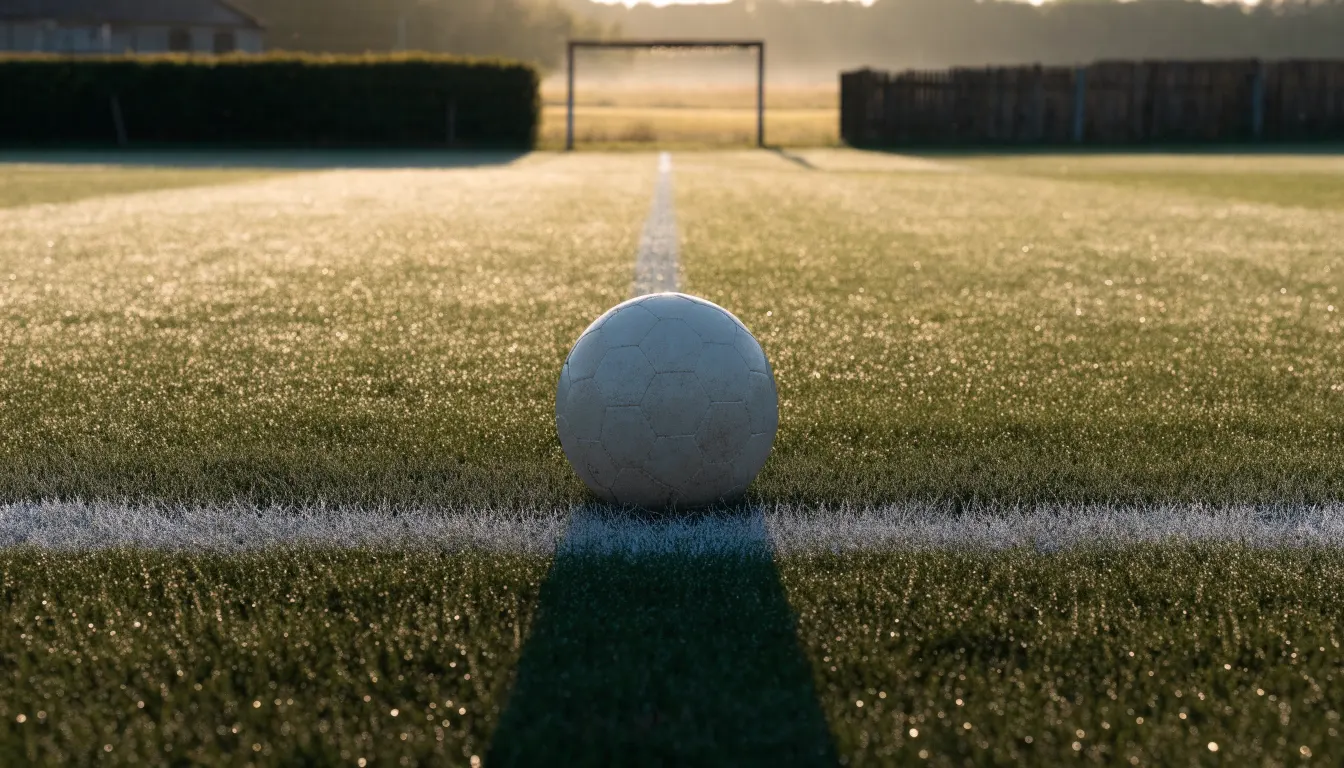 Ein Fussball liegt im Tau auf der Mittellinie eines Dorfplatzes bei Sonnenaufgang, der Rasen glitzert.