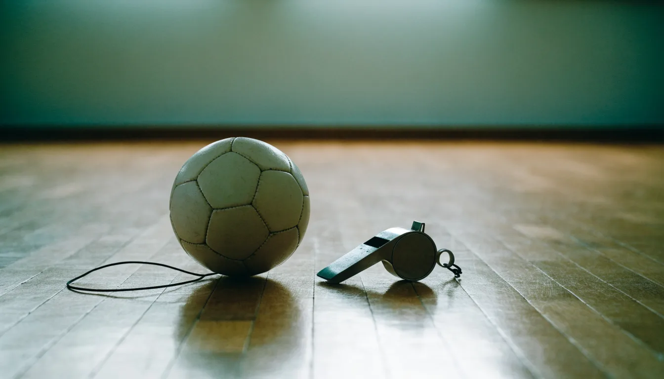 Ein kleiner, schwerer Ball liegt auf glattem Hallenparkett neben einer Trillerpfeife an einer Schnur.