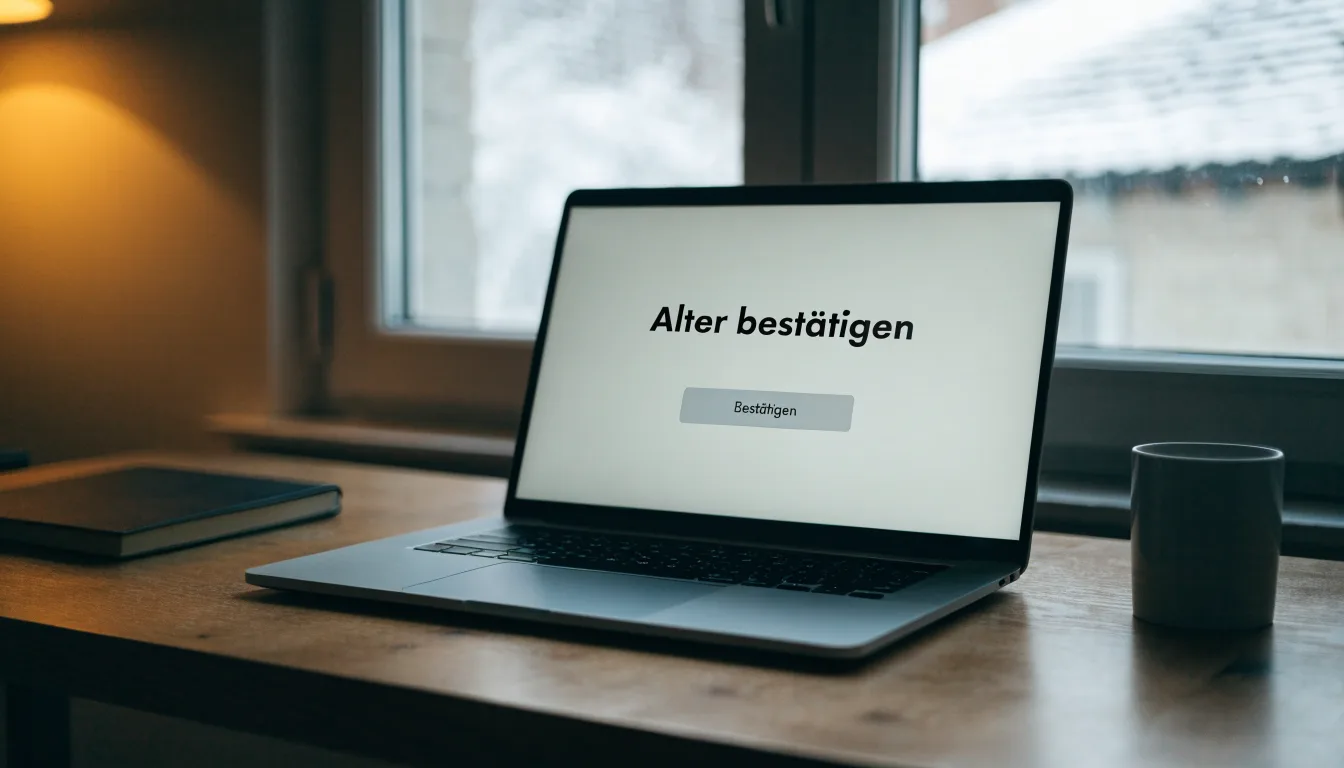 Eine Kaffeetasse und eine Brille stehen auf einem Fensterbrett, draussen fällt Schnee auf ein Dach.
