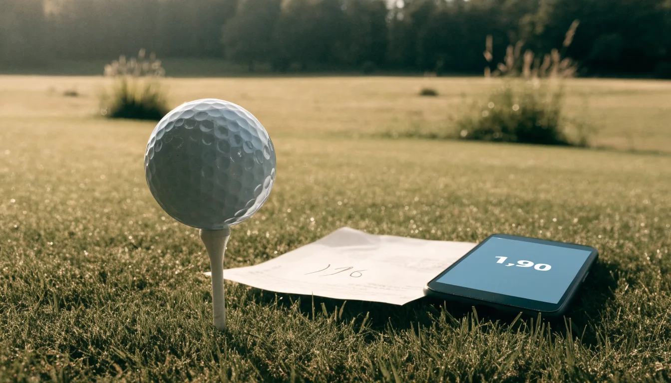 Ein Golfball liegt auf einem Holztee im Gras, scharf im Vordergrund, dahinter verschwimmt eine weite Wiese.