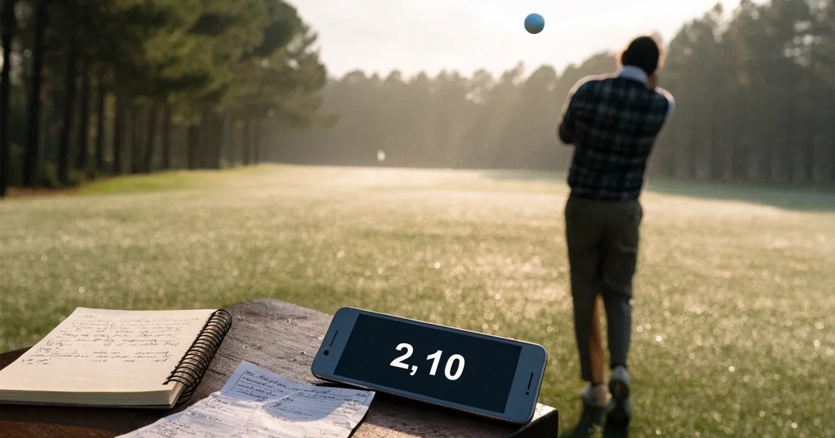 Ein weites Fairway zieht sich im Dunst des frühen Morgens zwischen Föhren hin, Tau liegt auf dem kurzen Gras.