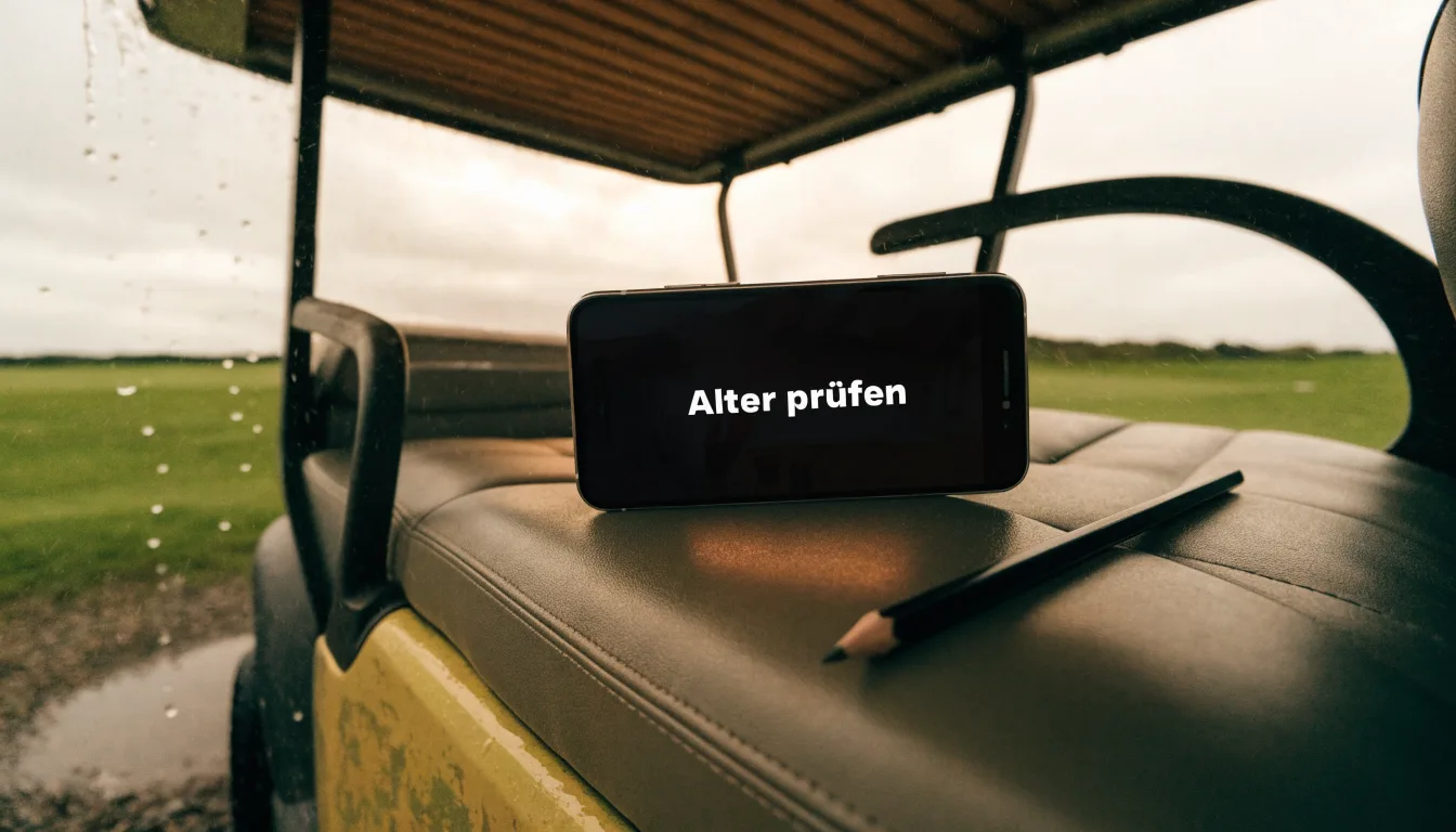 Ein leerer Golfwagen steht unter einem Vordach, Regen tropft vom Dachrand auf einen Kiesweg.