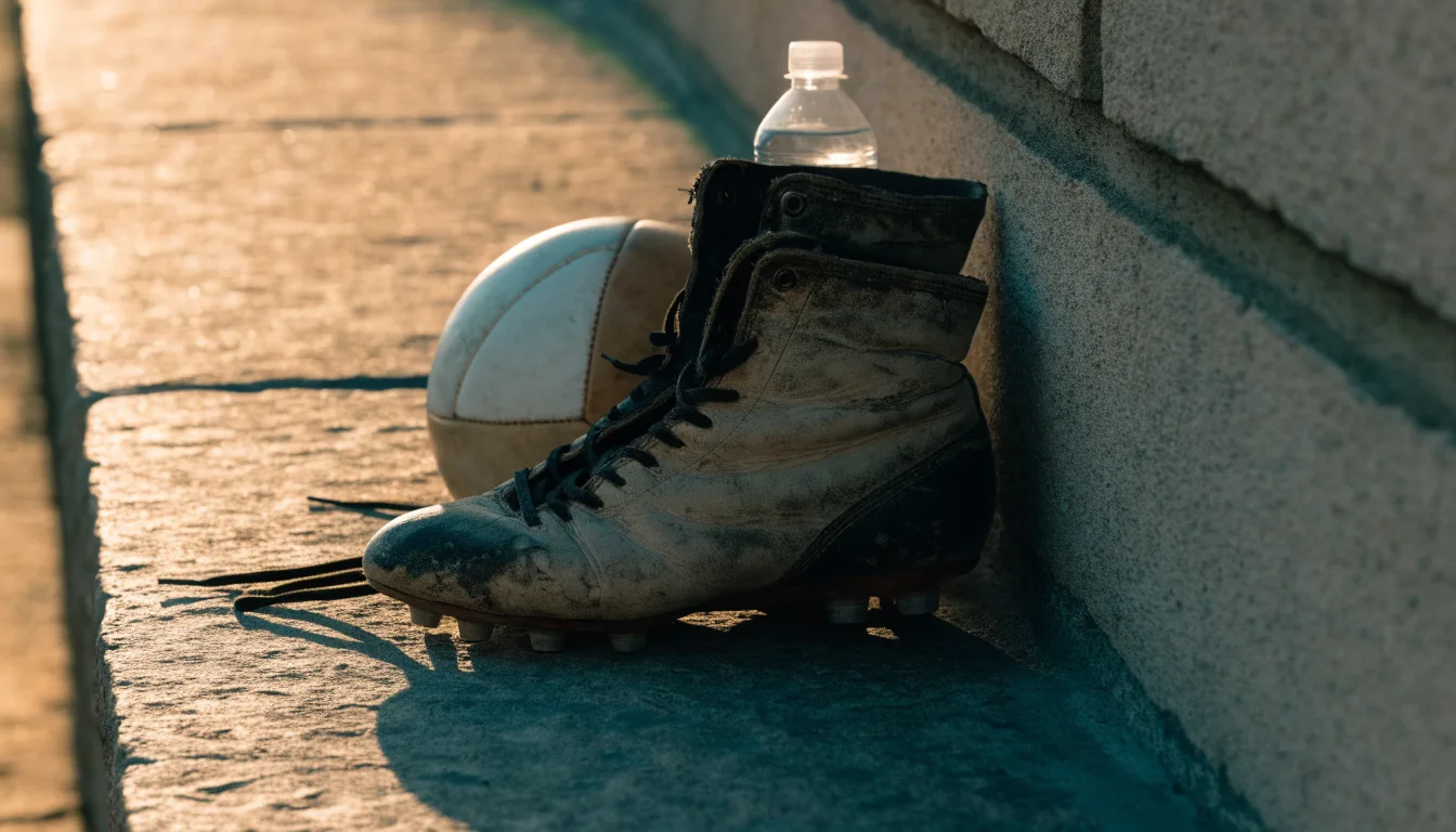 Ein Paar abgetragene Fussballschuhe steht neben einer Wasserflasche auf einer Treppenstufe im Sonnenlicht.